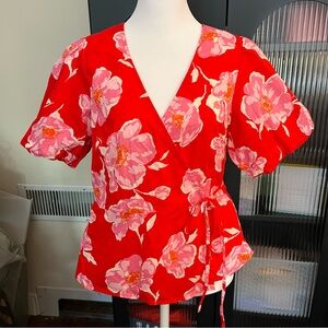 Old Navy NWT M Waist-Defined Floral Puff-Sleeve Tie-Wrap Blouse